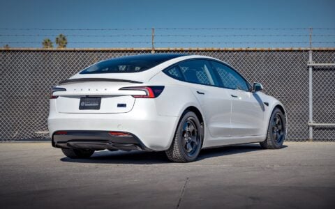 Pearl White Multi-Coat 2024 Tesla Model 3 Performance - UP.FIT Forged PD Wheels in Satin Black