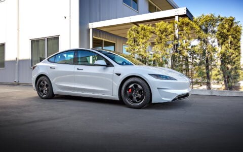 Pearl White Multi-Coat 2024 Tesla Model 3 Performance - UP.FIT Forged PD Wheels in Satin Black