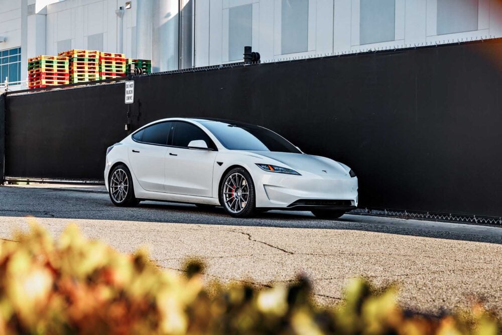 Pearl White Multi-Coat Tesla 3 Performance Highland on 19-Inch UP Forged UP-03 Wheels in Satin Titanium