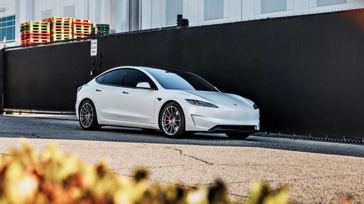 Pearl White Multi-Coat Tesla 3 Performance Highland on 19-Inch UP Forged UP-03 Wheels in Satin Titanium