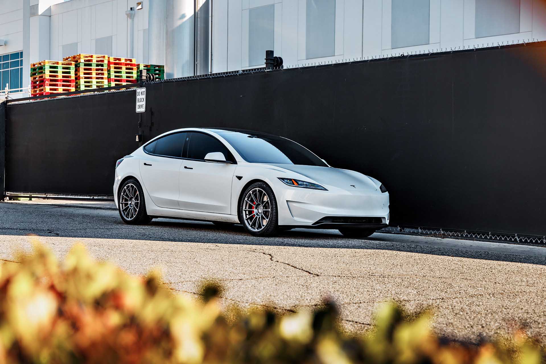Pearl White Multi-Coat Tesla 3 Performance Highland on 19-Inch UP Forged UP-03 Wheels in Satin Titanium
