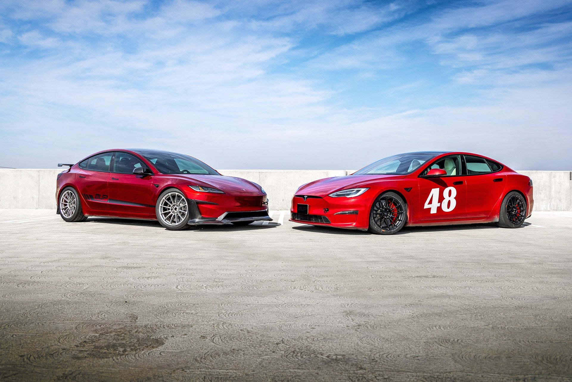 Red Mica Tesla Model S Plaid & Ultra Red Tesla Model 3 Performance Highland Track Builds on UP-03 Forged Race Wheels