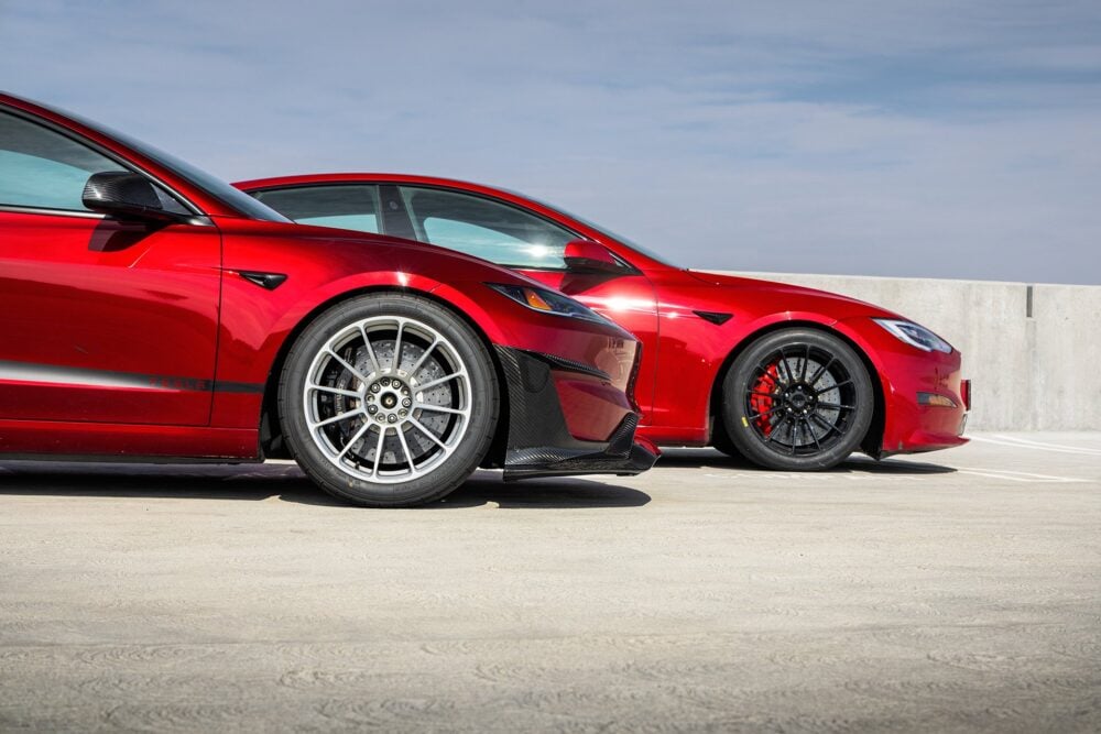 Red Mica Tesla Model S Plaid & Ultra Red Tesla Model 3 Performance Highland Track Builds on UP-03 Forged Race Wheels
