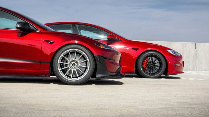 Red Mica Tesla Model S Plaid & Ultra Red Tesla Model 3 Performance Highland Track Builds on UP-03 Forged Race Wheels