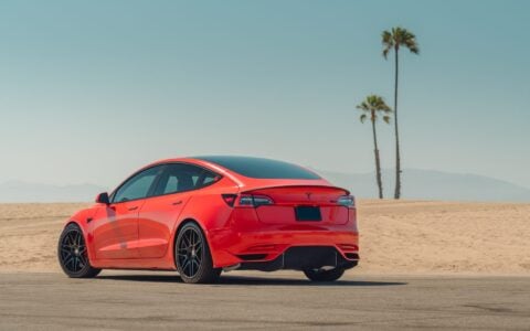 Satin Red Tesla Model 3 - UP x BBS Flugplatz Wheels