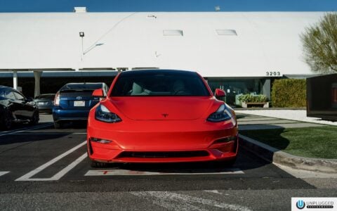 Satin Red Tesla Model 3 - UP x BBS Flugplatz Wheels