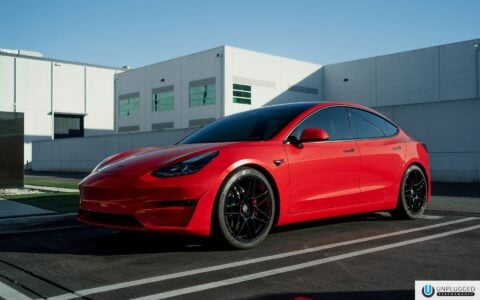 Satin Red Tesla Model 3 - UP x BBS Flugplatz Wheels