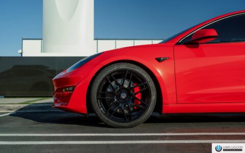 Satin Red Tesla Model 3 - UP x BBS Flugplatz Wheels