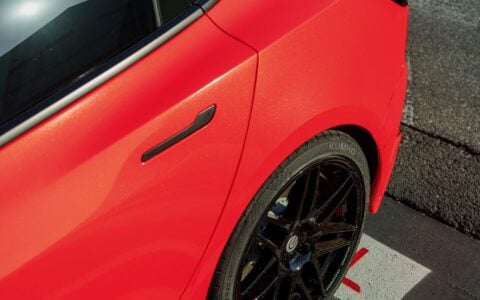 Satin Red Tesla Model 3 - UP x BBS Flugplatz Wheels