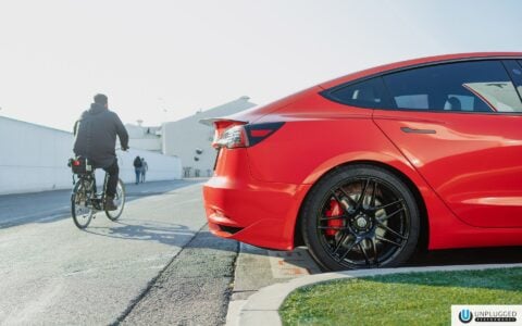 Satin Red Tesla Model 3 - UP x BBS Flugplatz Wheels