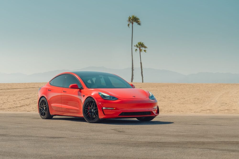 Satin Red Tesla Model 3 – UP x BBS Flugplatz Wheels, Carbon Fiber Aero And More