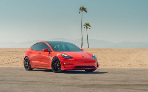 Satin Red Tesla Model 3 - UP x BBS Flugplatz Wheels