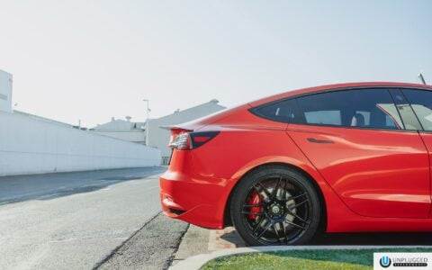 Satin Red Tesla Model 3 - UP x BBS Flugplatz Wheels