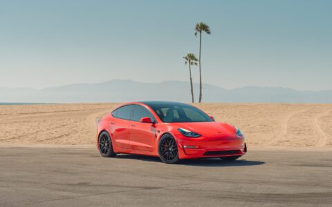 Satin Red Tesla Model 3 - UP x BBS Flugplatz Wheels