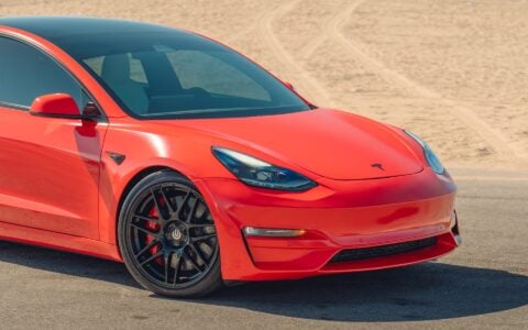 Satin Red Tesla Model 3 - UP x BBS Flugplatz Wheels