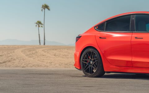 Satin Red Tesla Model 3 - UP x BBS Flugplatz Wheels
