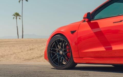 Satin Red Tesla Model 3 - UP x BBS Flugplatz Wheels