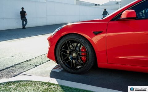 Satin Red Tesla Model 3 - UP x BBS Flugplatz Wheels