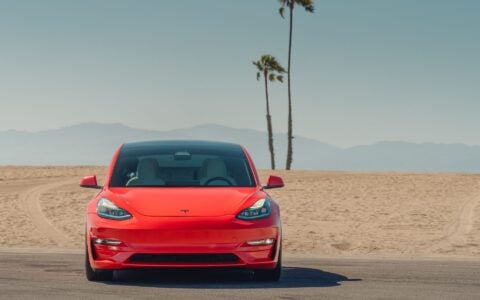 Satin Red Tesla Model 3 - UP x BBS Flugplatz Wheels