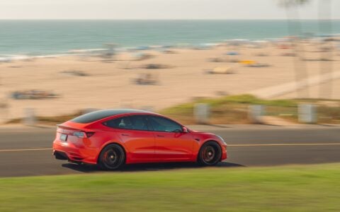 Satin Red Tesla Model 3 - UP x BBS Flugplatz Wheels