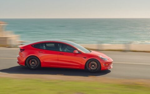 Satin Red Tesla Model 3 - UP x BBS Flugplatz Wheels