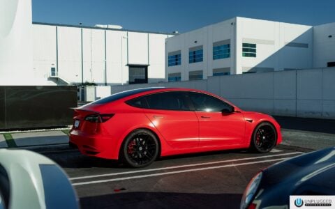 Satin Red Tesla Model 3 - UP x BBS Flugplatz Wheels
