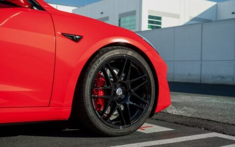 Satin Red Tesla Model 3 - UP x BBS Flugplatz Wheels
