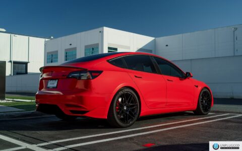 Satin Red Tesla Model 3 - UP x BBS Flugplatz Wheels