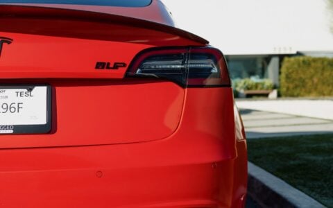 Satin Red Tesla Model 3 - UP x BBS Flugplatz Wheels