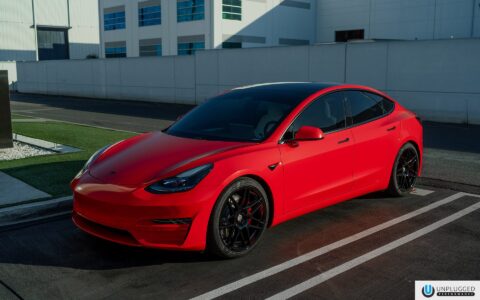 Satin Red Tesla Model 3 - UP x BBS Flugplatz Wheels