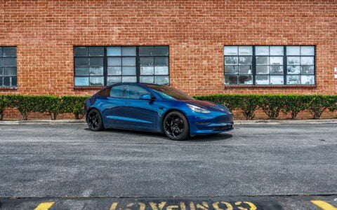 Deep Blue Metallic Tesla Model 3 with Luxury Suspension on UP Forged UP-05 Wheels in Gloss Black