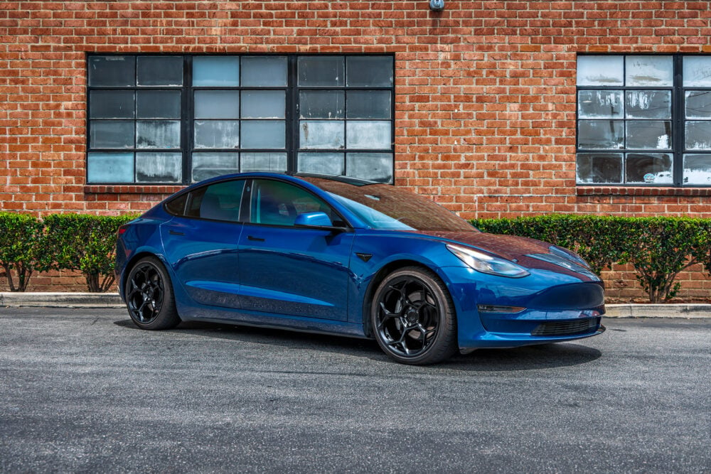 Deep Blue Metallic Tesla Model 3 with Luxury Suspension on UP Forged UP-05 Wheels in Gloss Black