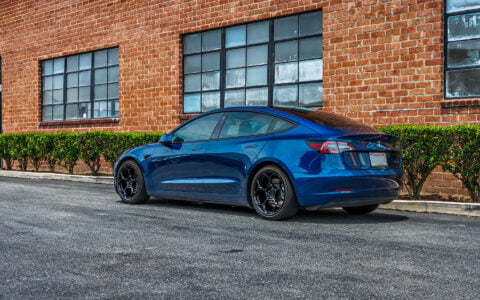 Deep Blue Metallic Tesla Model 3 with Luxury Suspension on UP Forged UP-05 Wheels in Gloss Black