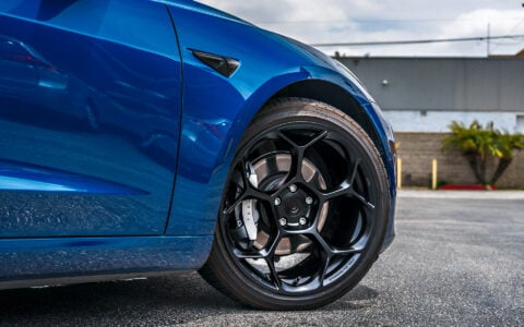 Deep Blue Metallic Tesla Model 3 with Luxury Suspension on UP Forged UP-05 Wheels in Gloss Black