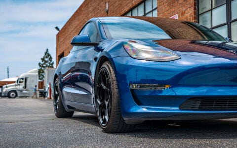 Deep Blue Metallic Tesla Model 3 with Luxury Suspension on UP Forged UP-05 Wheels in Gloss Black