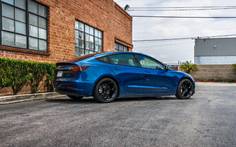 Deep Blue Metallic Tesla Model 3 with Luxury Suspension on UP Forged UP-05 Wheels in Gloss Black
