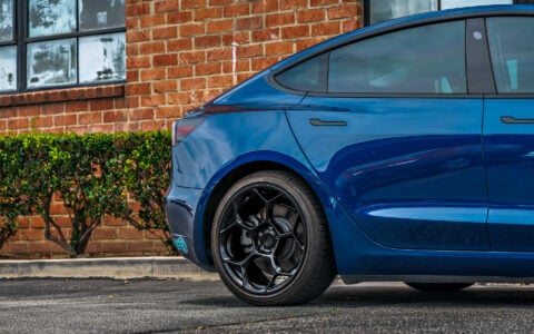 Deep Blue Metallic Tesla Model 3 with Luxury Suspension on UP Forged UP-05 Wheels in Gloss Black