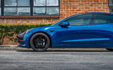 Deep Blue Metallic Tesla Model 3 with Luxury Suspension on UP Forged UP-05 Wheels in Gloss Black