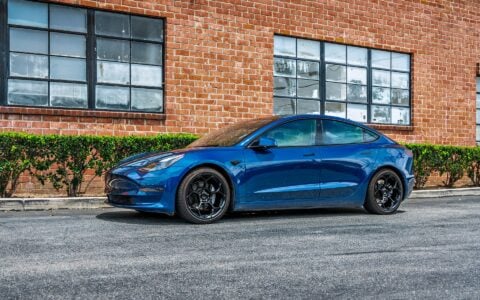 Deep Blue Metallic Tesla Model 3 with Luxury Suspension on UP Forged UP-05 Wheels in Gloss Black