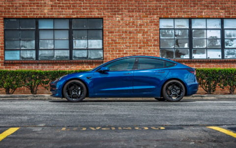 Deep Blue Metallic Tesla Model 3 with Luxury Suspension on UP Forged UP-05 Wheels in Gloss Black