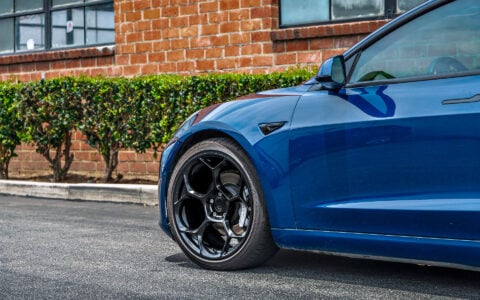 Deep Blue Metallic Tesla Model 3 with Luxury Suspension on UP Forged UP-05 Wheels in Gloss Black