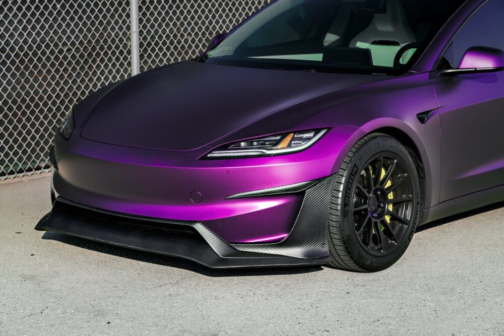 KPMF Matte Purple Black Iridescent Wrapped Model 3 with Carbon Fiber Aero Kit on UP-03 Forged Wheels in Satin Black