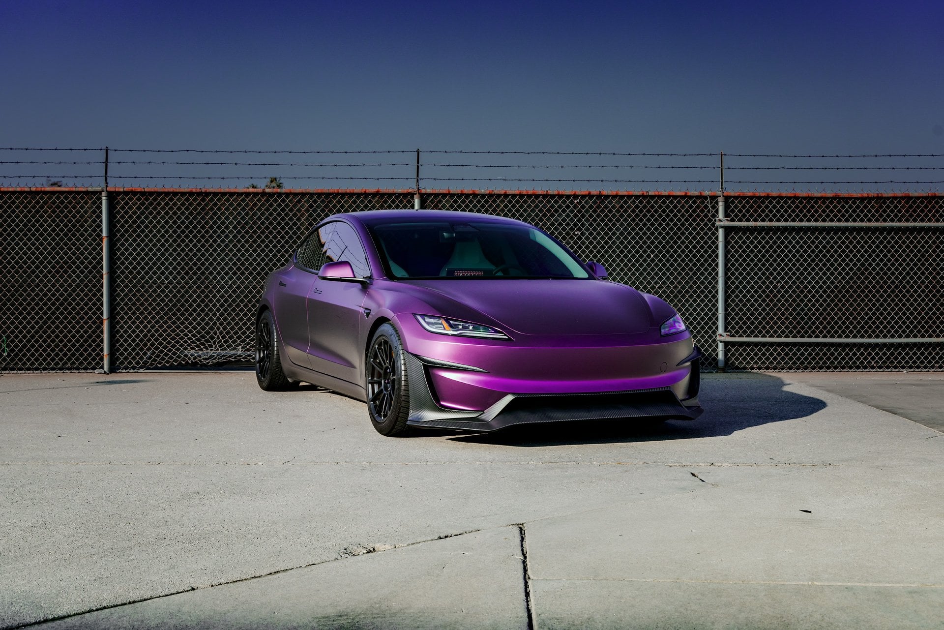 KPMF Matte Purple Black Iridescent Wrapped Model 3 with Carbon Fiber Aero Kit on UP-03 Forged Wheels in Satin Black