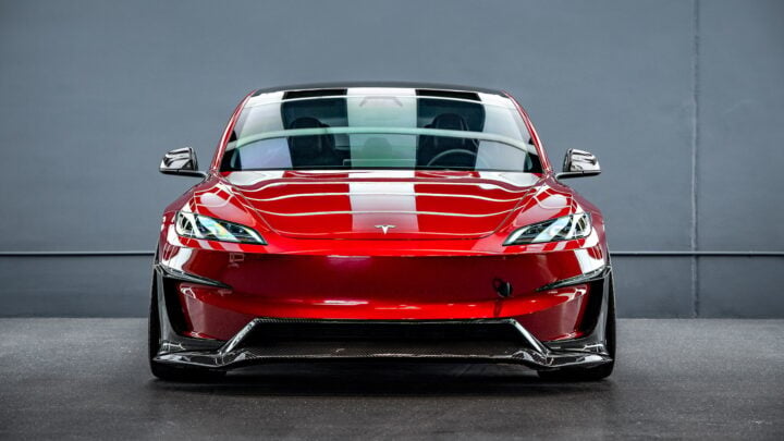 Red Rocket 2024 Tesla Model 3 Performance with Carbon Fiber Aero Kit on UP Forged UP-03 Wheels in Gloss Black