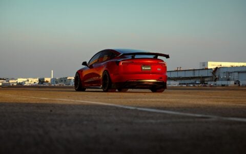 Ultra Red Tesla Model 3 Performance on 18-Inch UP Forged Race Spec UP-03 Wheels in Gloss Black 11