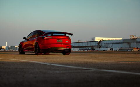 Ultra Red Tesla Model 3 Performance on 18-Inch UP Forged Race Spec UP-03 Wheels in Gloss Black 12