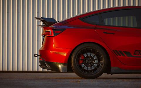 Ultra Red Tesla Model 3 Performance on 18-Inch UP Forged Race Spec UP-03 Wheels in Gloss Black 13