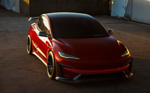 Ultra Red Tesla Model 3 Performance on 18-Inch UP Forged Race Spec UP-03 Wheels in Gloss Black 14