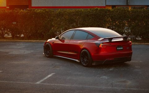 Ultra Red Tesla Model 3 Performance on 18-Inch UP Forged Race Spec UP-03 Wheels in Gloss Black 15
