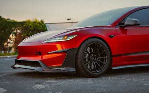 Ultra Red Tesla Model 3 Performance on 18-Inch UP Forged Race Spec UP-03 Wheels in Gloss Black 16